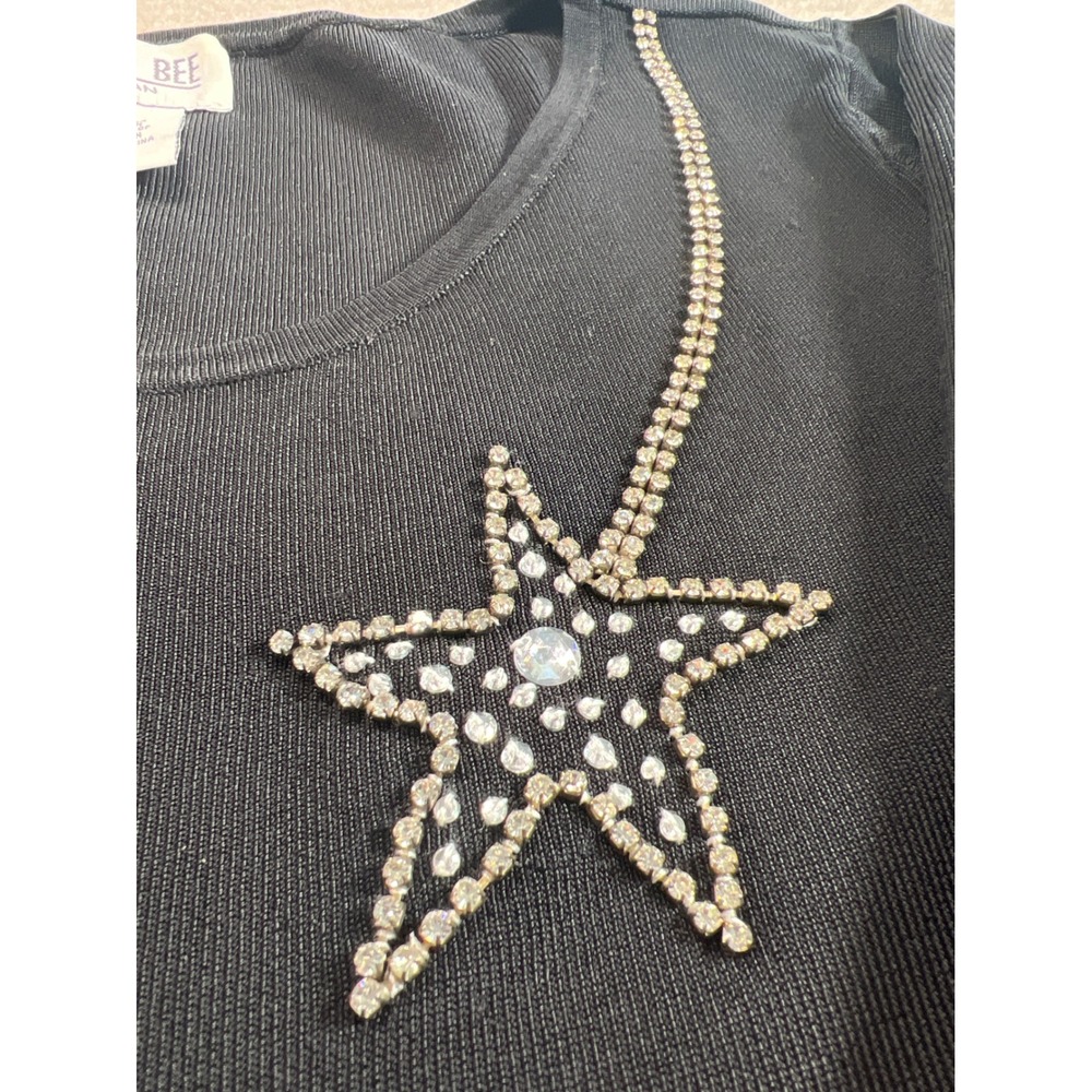 Robbie Bee Woman Black Ribbed Knit Rhinestone Star Sweater Plus 3X Scoop Neck - Picture 5 of 7